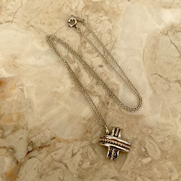 Vintage Tiffany & Co. 18K Gold & Sterling Silver Signature "X" Pendant Necklace - Picture 3 of 7